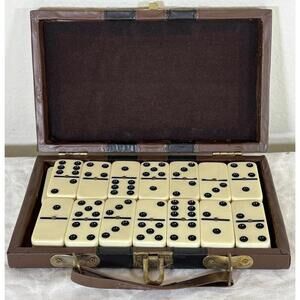 Vintage Double Six Dominoes Set 28 Pieces Spinners Faux Leather Travel Case